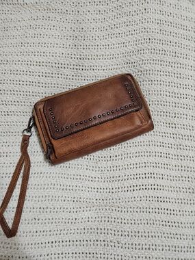 Studded Brown Leather Wristlet Clutch - Women Bags Clutches & Wristlets